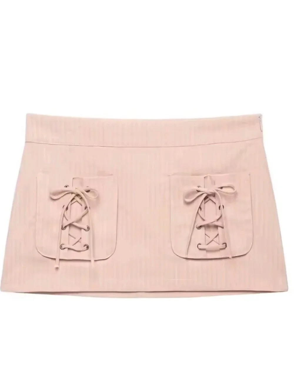 Women Elegant Pink Stripe Mini Skirt High Waist Bow Pocket Short Skirt Woman